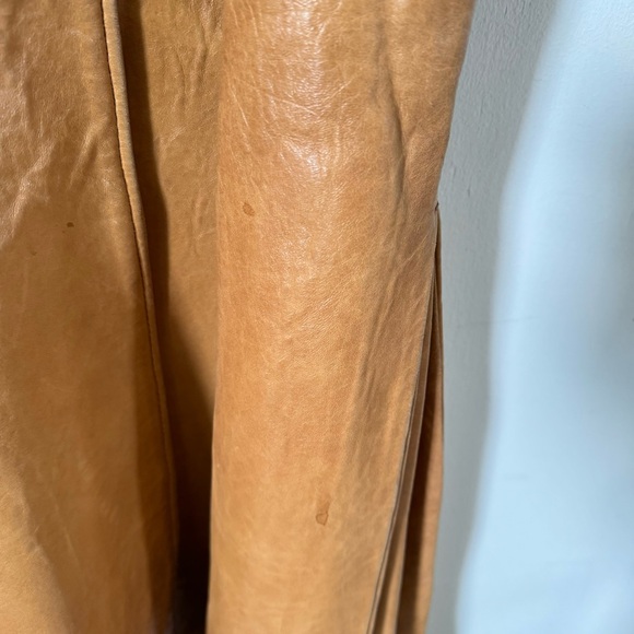 Vintage 70s Brown Leather Maxi Coat Chevron Stitching Retro Boho Womens XS - Picture 10 of 13